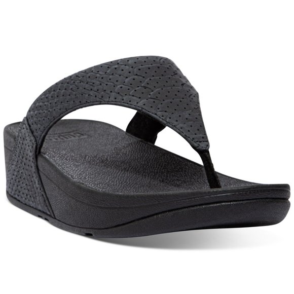Fitflop Shoes - Fitflop Lulu Croc-Embossed Toe-Post Sandals in Black Leather